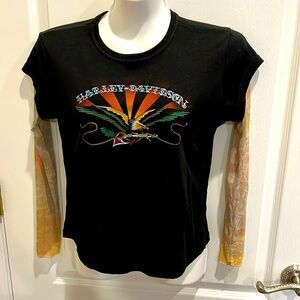 Harley Davidson Long Sleeve Top with Mesh Printed Sleeves Size M